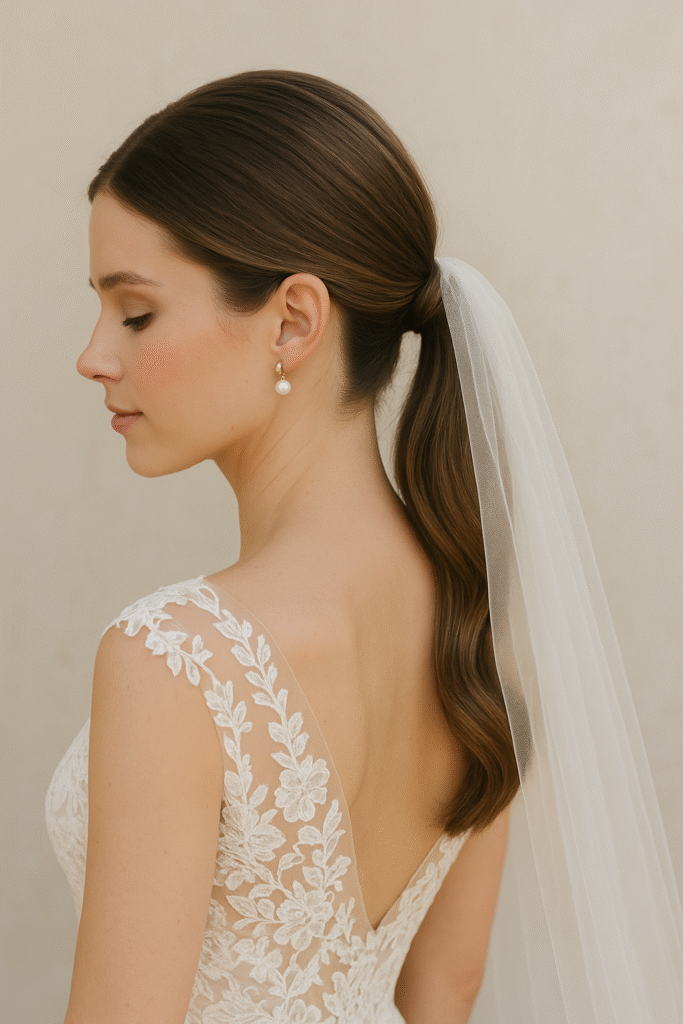 Moderner Low Ponytail – elegantes Brautstyling in Wien mit schlichtem Zopf